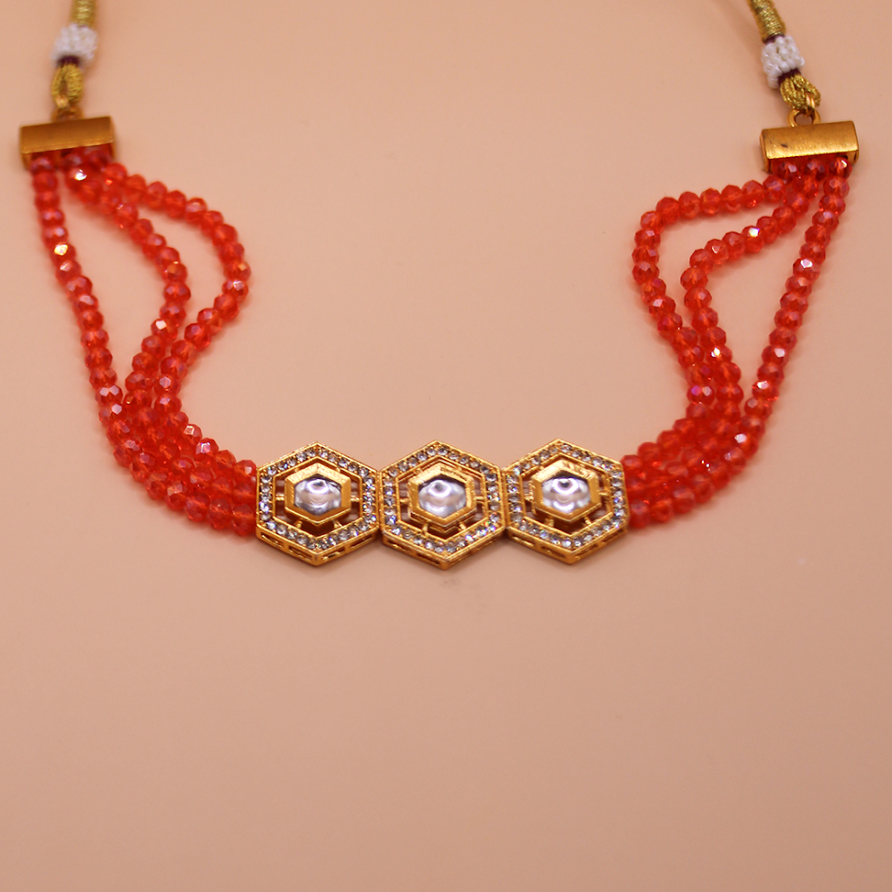 Royal Kundan Orange Hexagon Choker Set