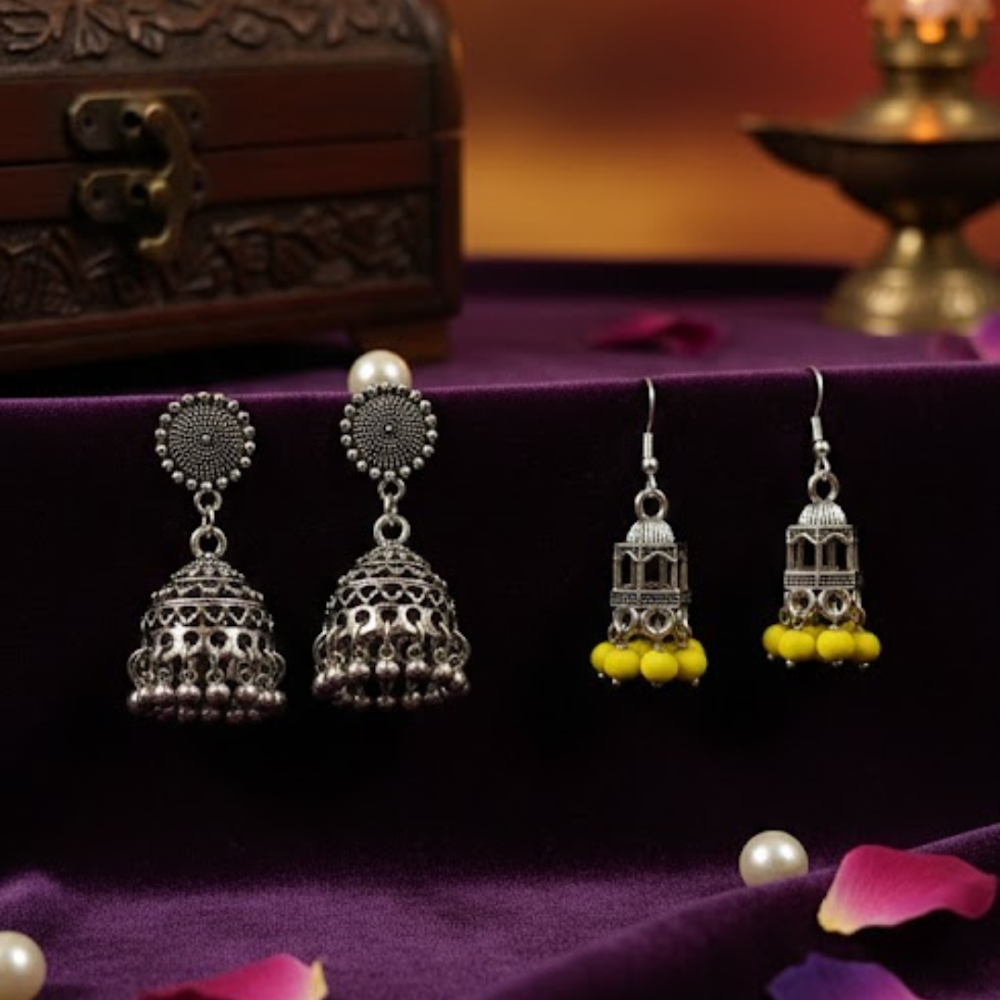 Ethnic Silver Jhumka Combo – Oxidised & Yellow Bead Earrings