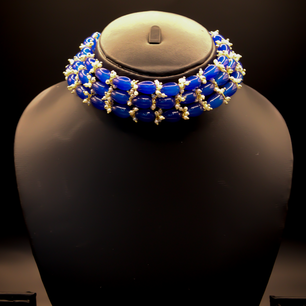 Sapphire Glazed Layered Beaded Bib Necklace
