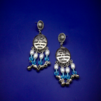 Mantra Engraved Oxidized Jhumka Earrings With White-Blue Beads