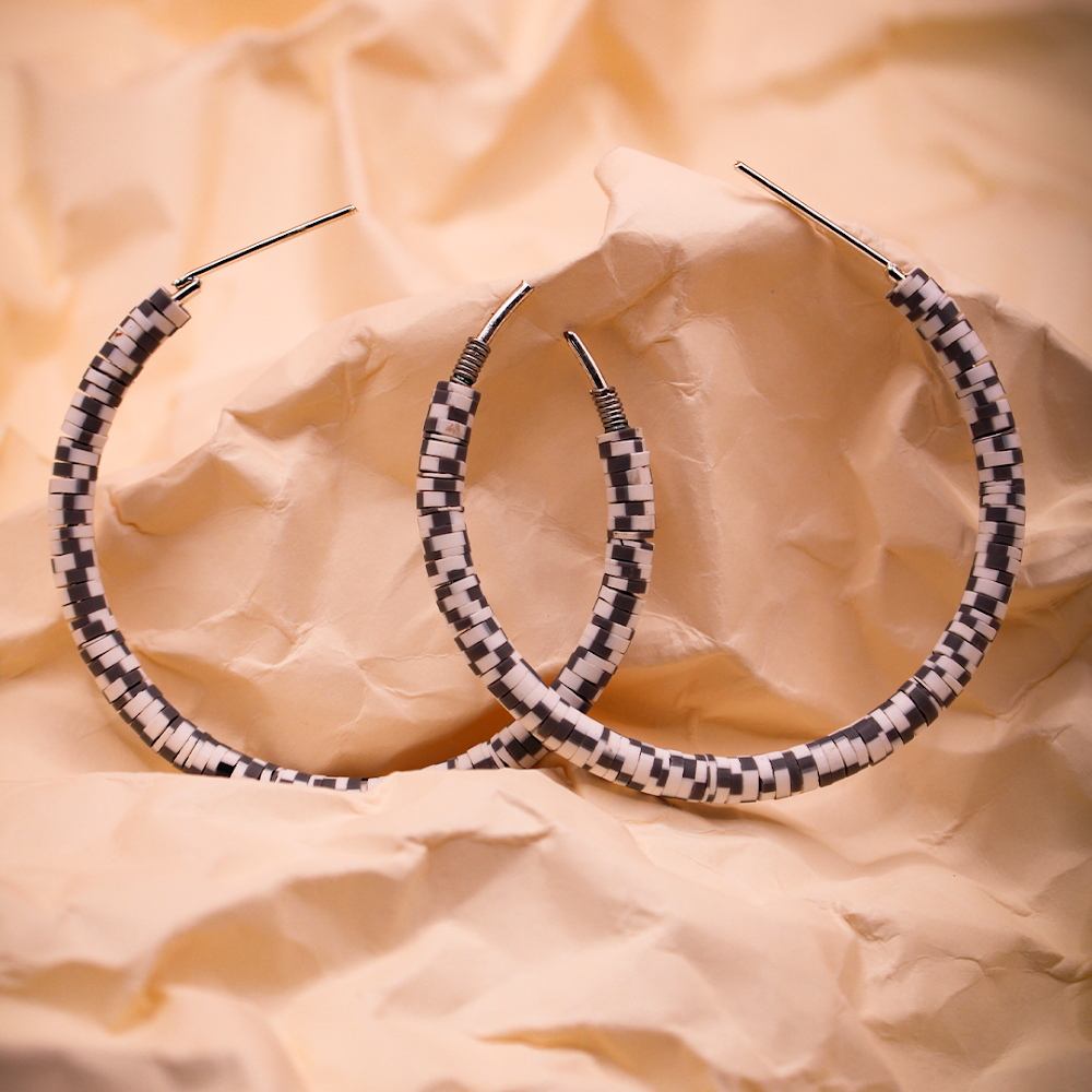 White-Black Mosaic Hoop Earrings