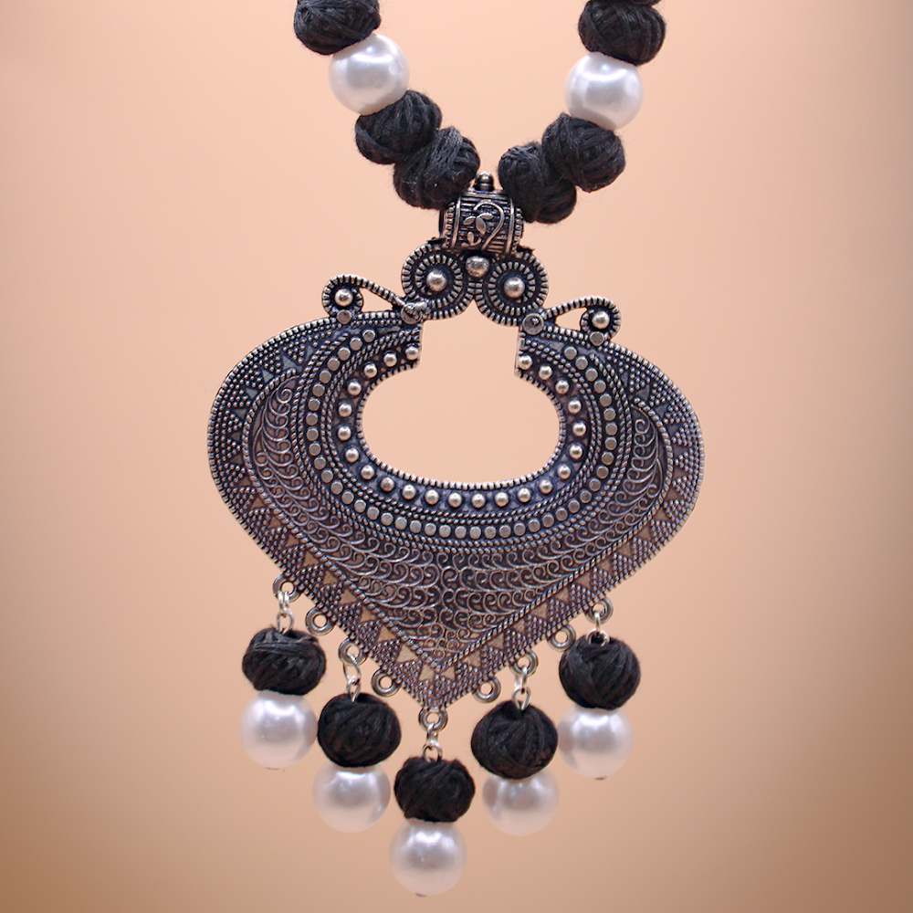 Chandra-Shab Silver-Oxidised Black Thread Jewellery Set