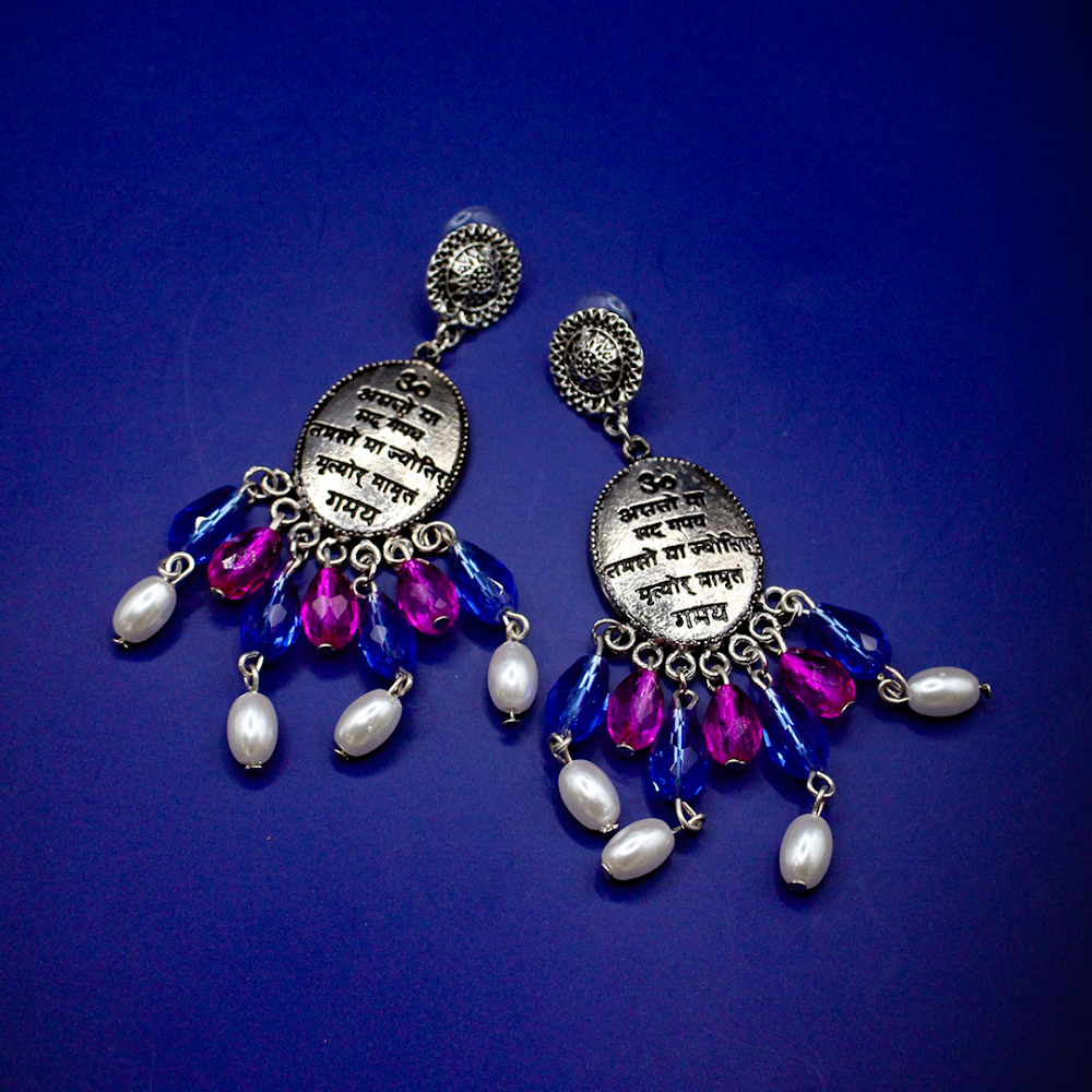Mantra Engraved Oxidized Jhumka Earrings With Pink-Blue Beads