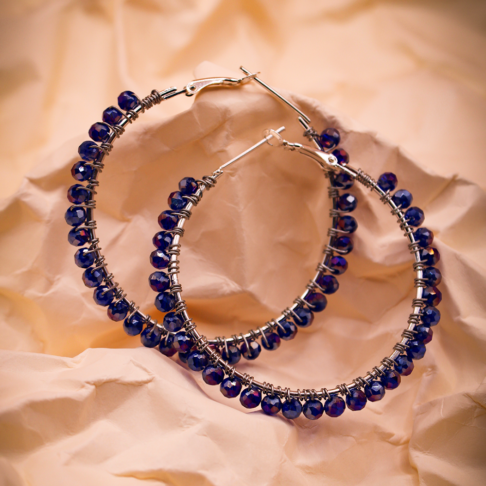 Indigo Beaded Hoop Earrings
