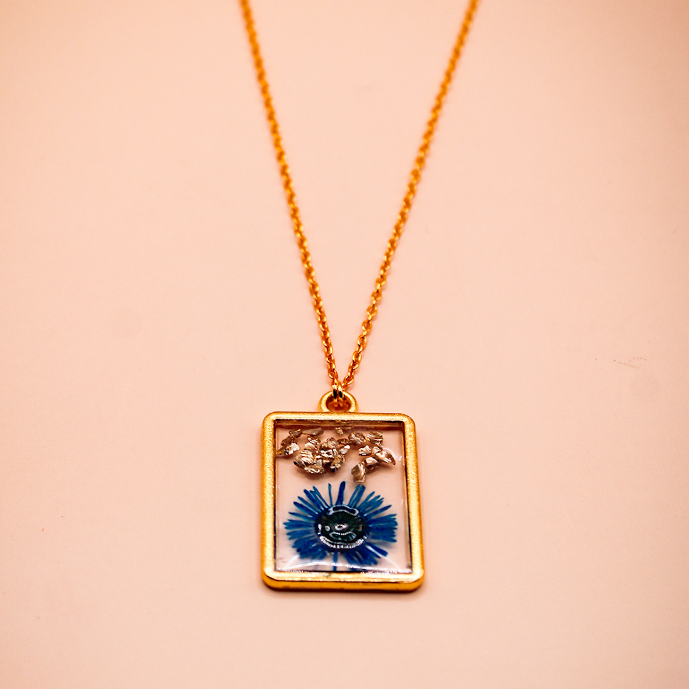 Azure Bloom Resin Rectangle Pendant