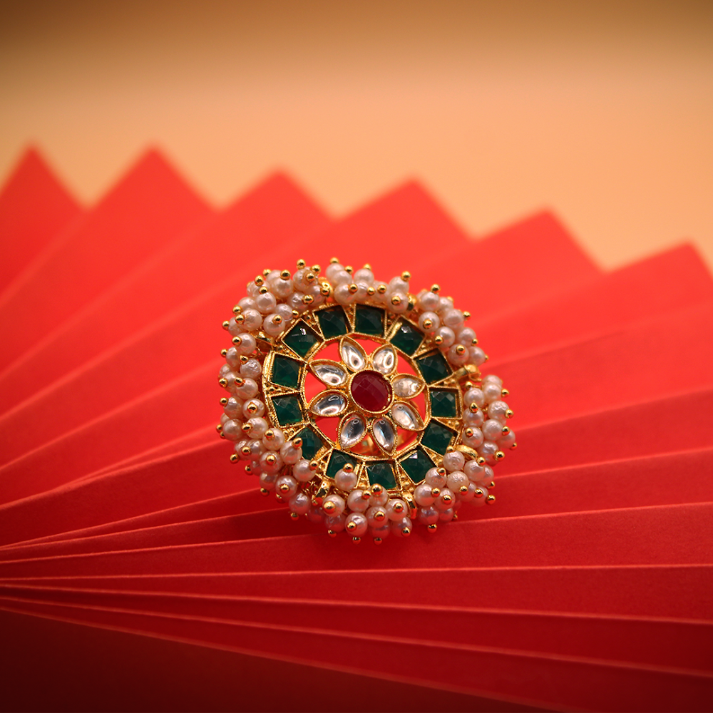 Heavy Green Kundan Pearl Bordered Adjustable Ring