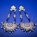 Oxidized Silver Chandbali Earrings With Silver-Blue Beads