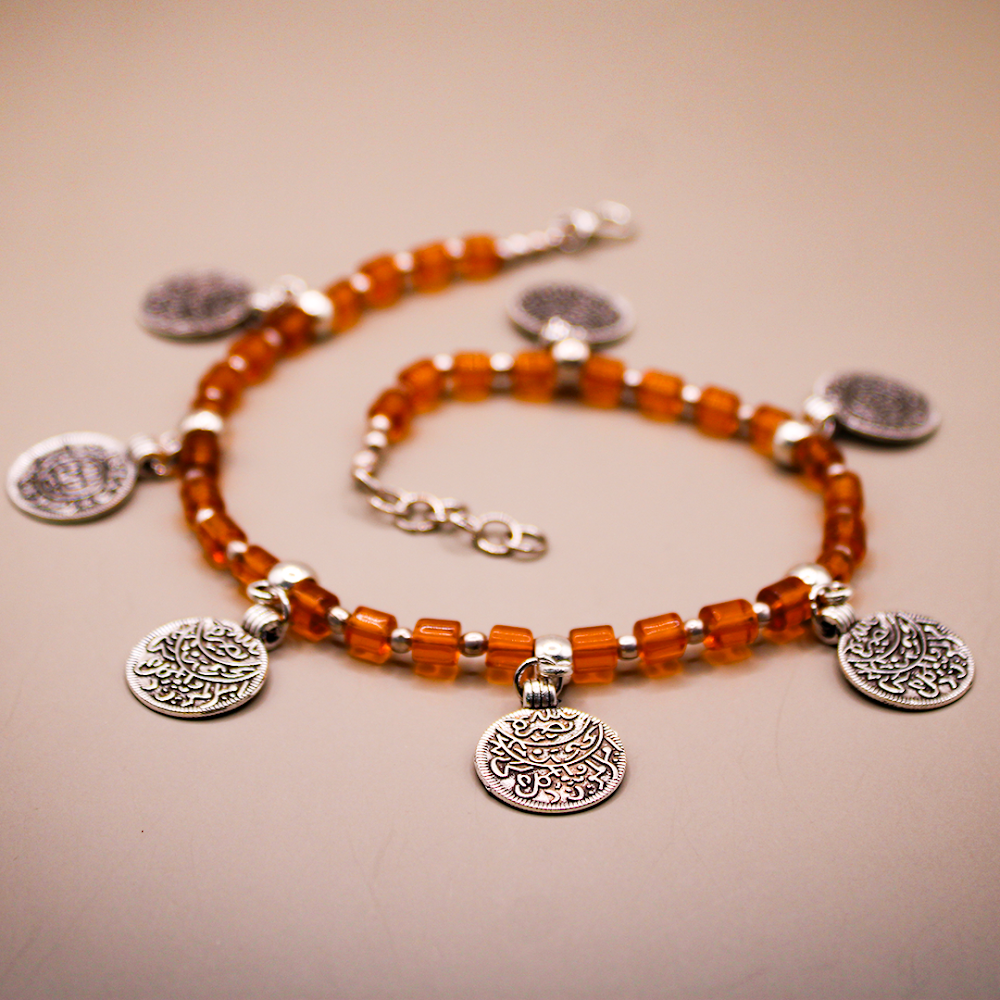 Coin Charms Silver-Orange Beaded Anklets