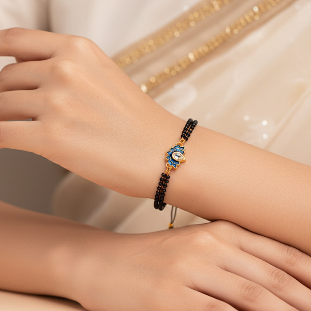 Golden-Black Blue Lotus Mangalsutra Bracelet