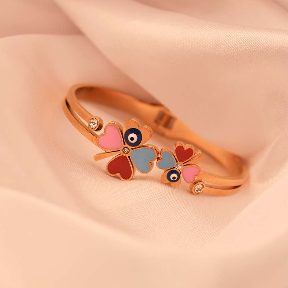 Evil Eye Colored Flowers Golden Cuff Bracelet