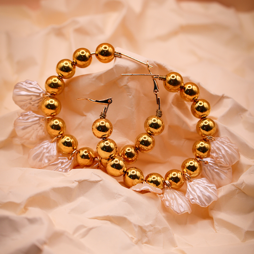 Golden Pearl Hoop Earrings With White Shell