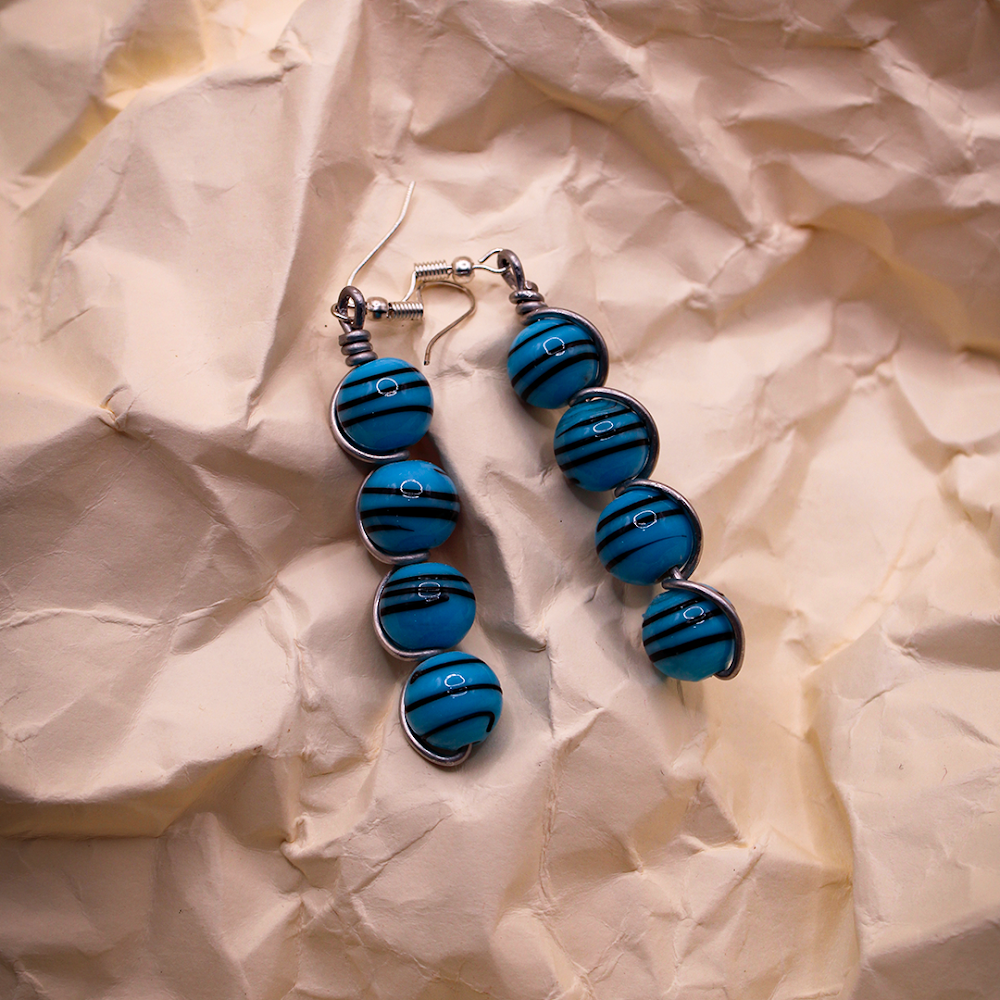 Wire Wrapped Blue Beaded Dangle Earrings