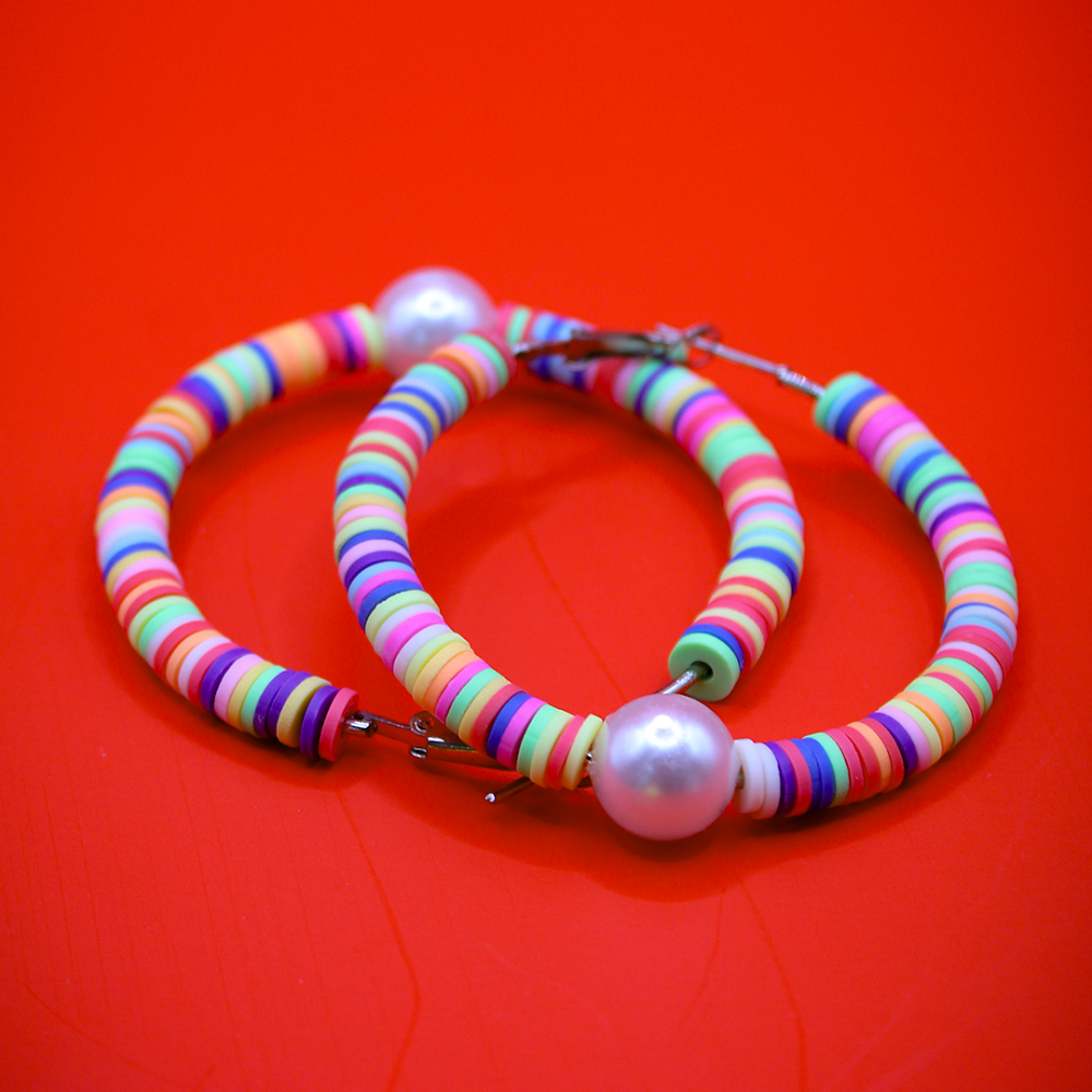 Multicolor Beaded Hoop Earrings With Pearl