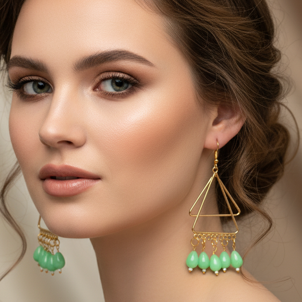 Triangular Dangle Earrings With Green Beads