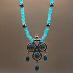 Aqua Beaded Silver Oxidized Temple Drop Long Necklace