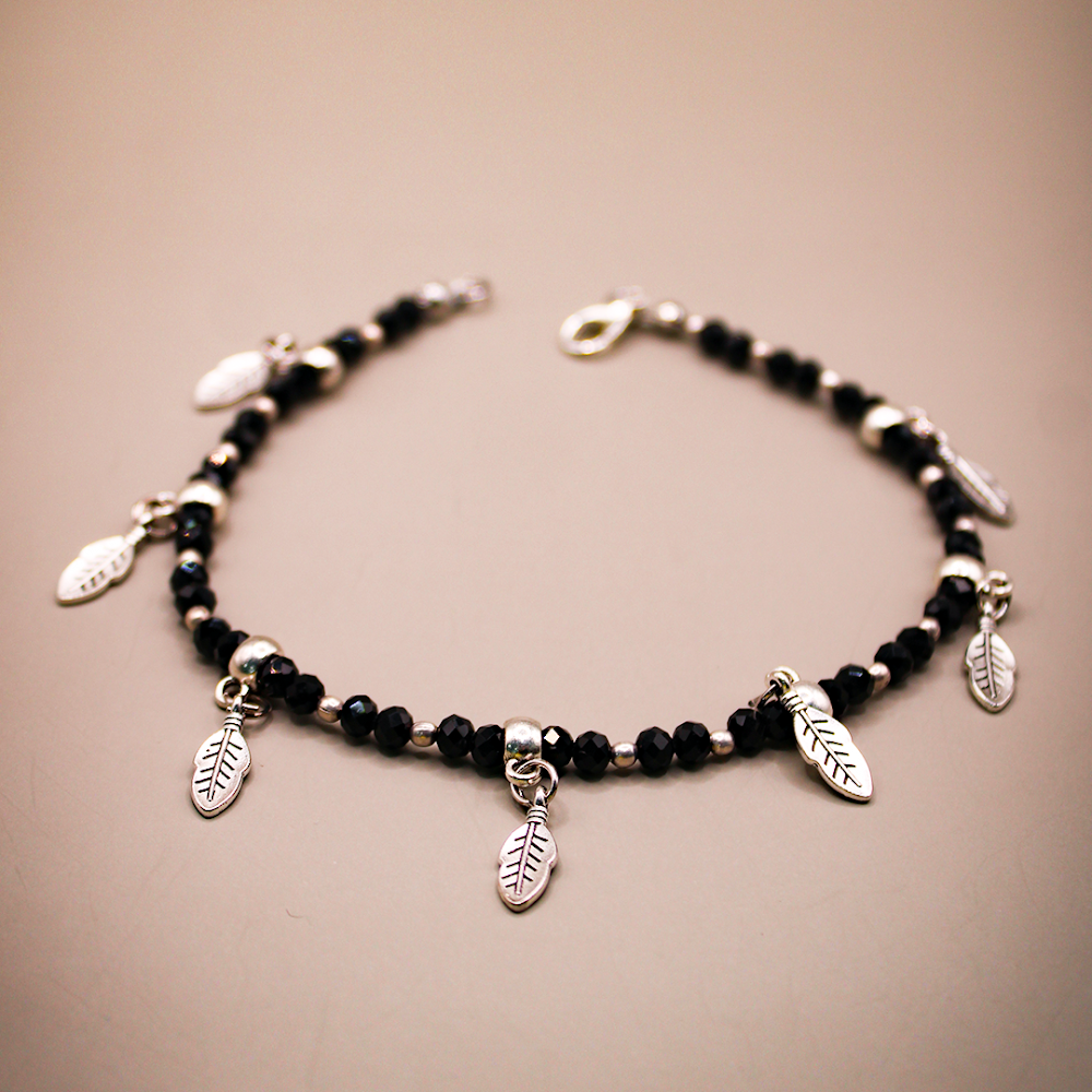 Leaf Charms Silver-Black Beaded Anklets