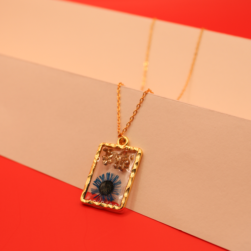 Azure Bloom Resin Rectangle Pendant
