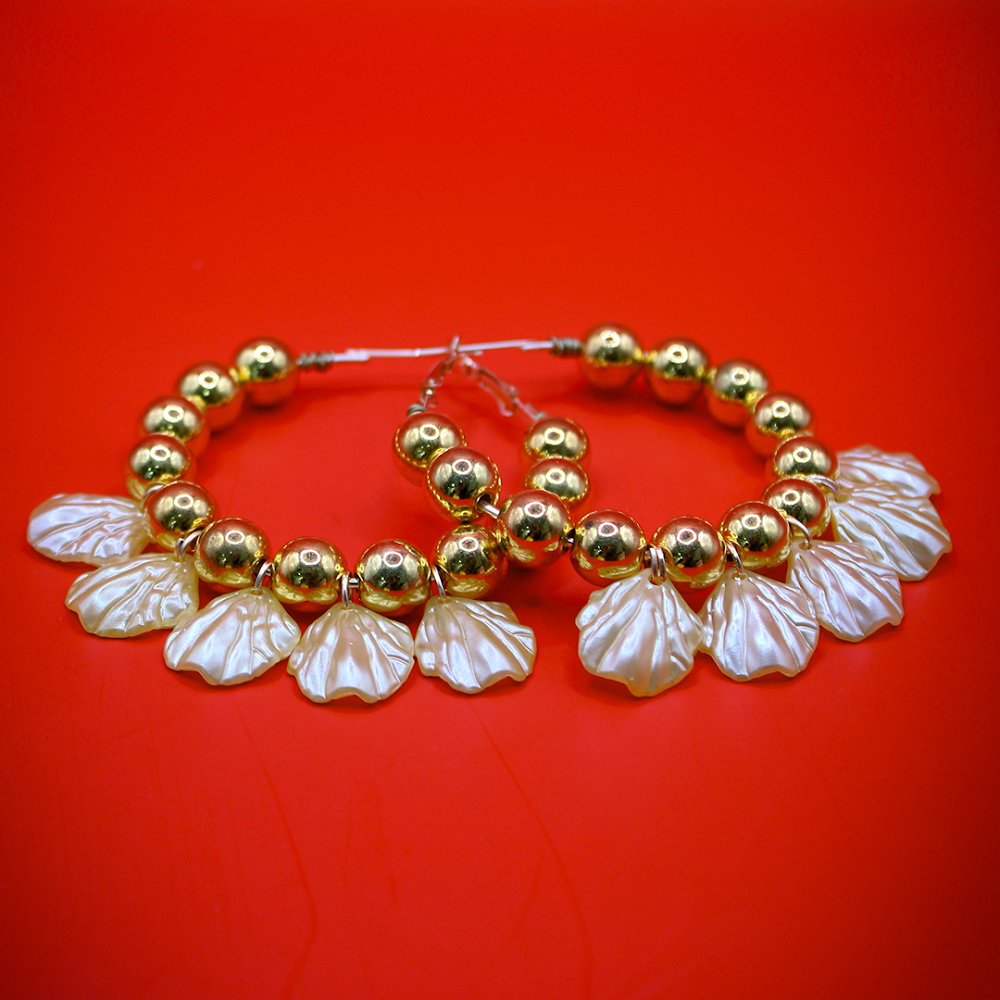 Golden Pearl Hoop Earrings With Golden Shell