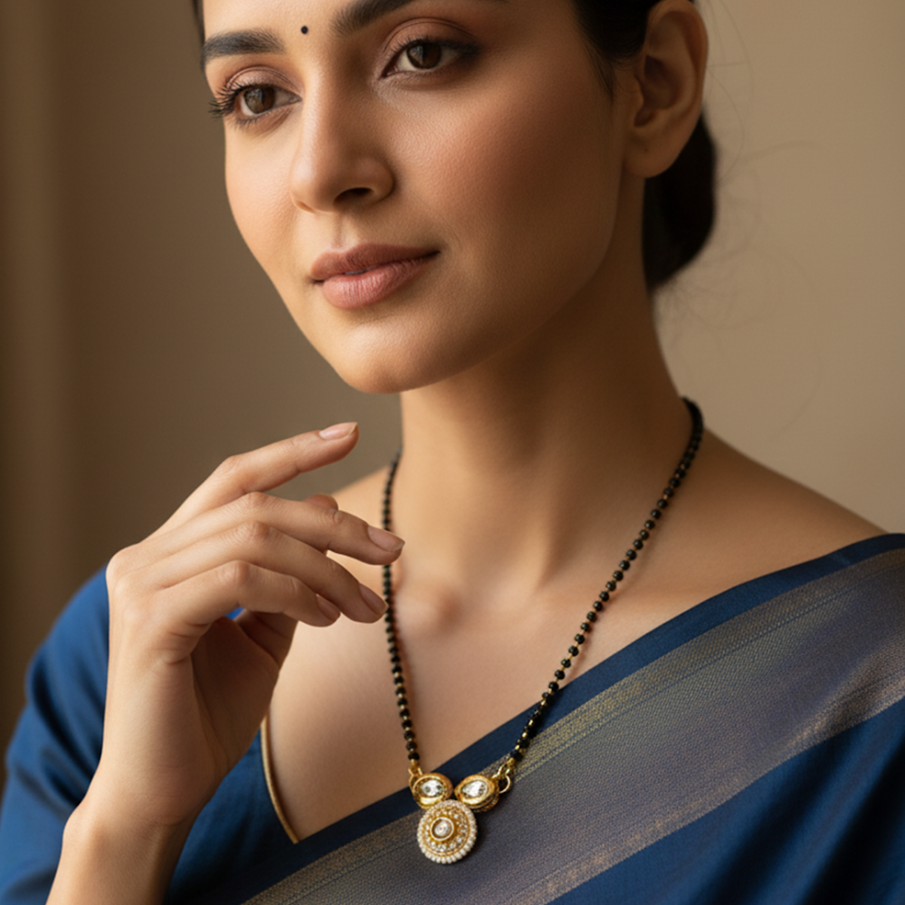 Golden Black Round & Drop Stone Work Mangalsutra