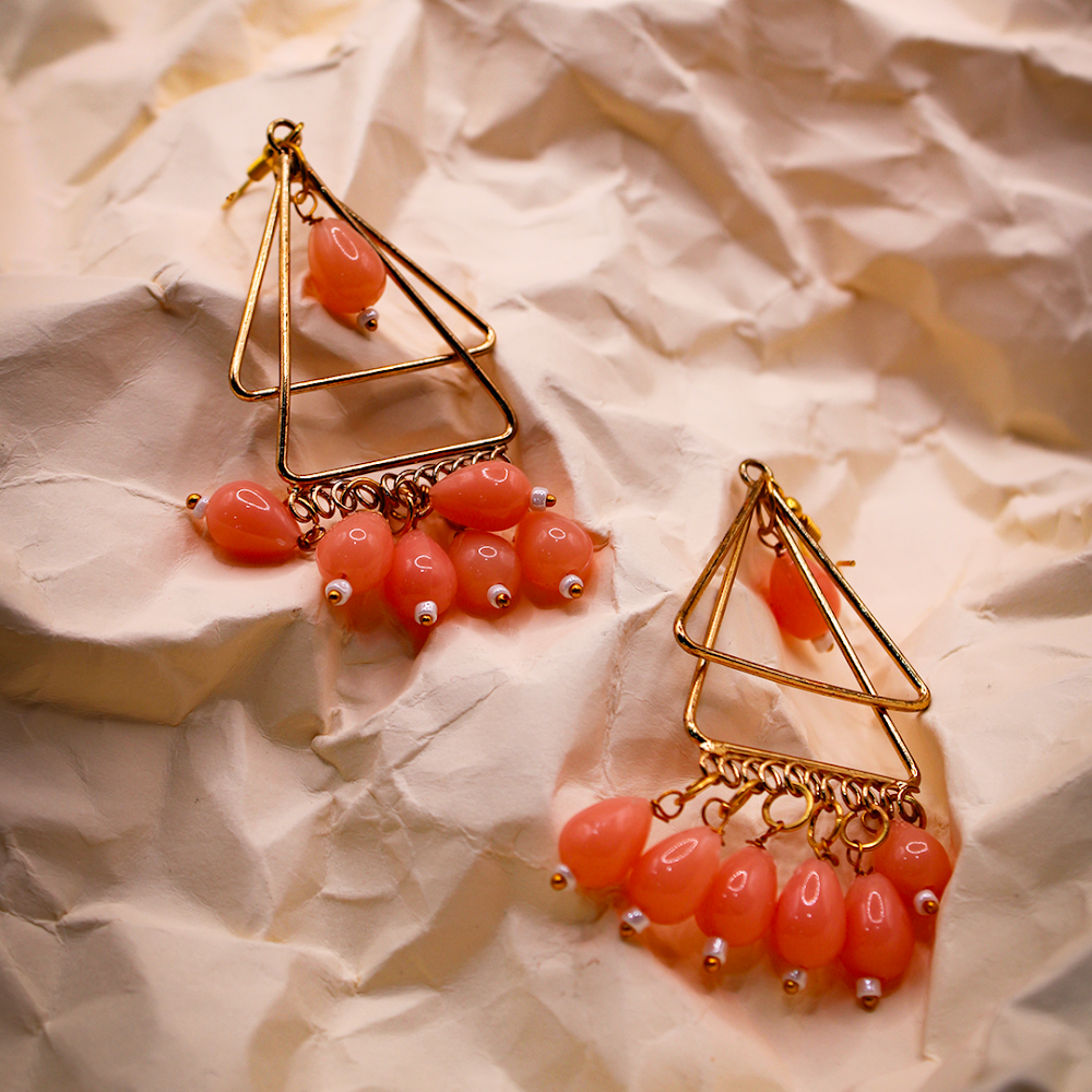 Triangular Dangle Earrings With Peach Beads
