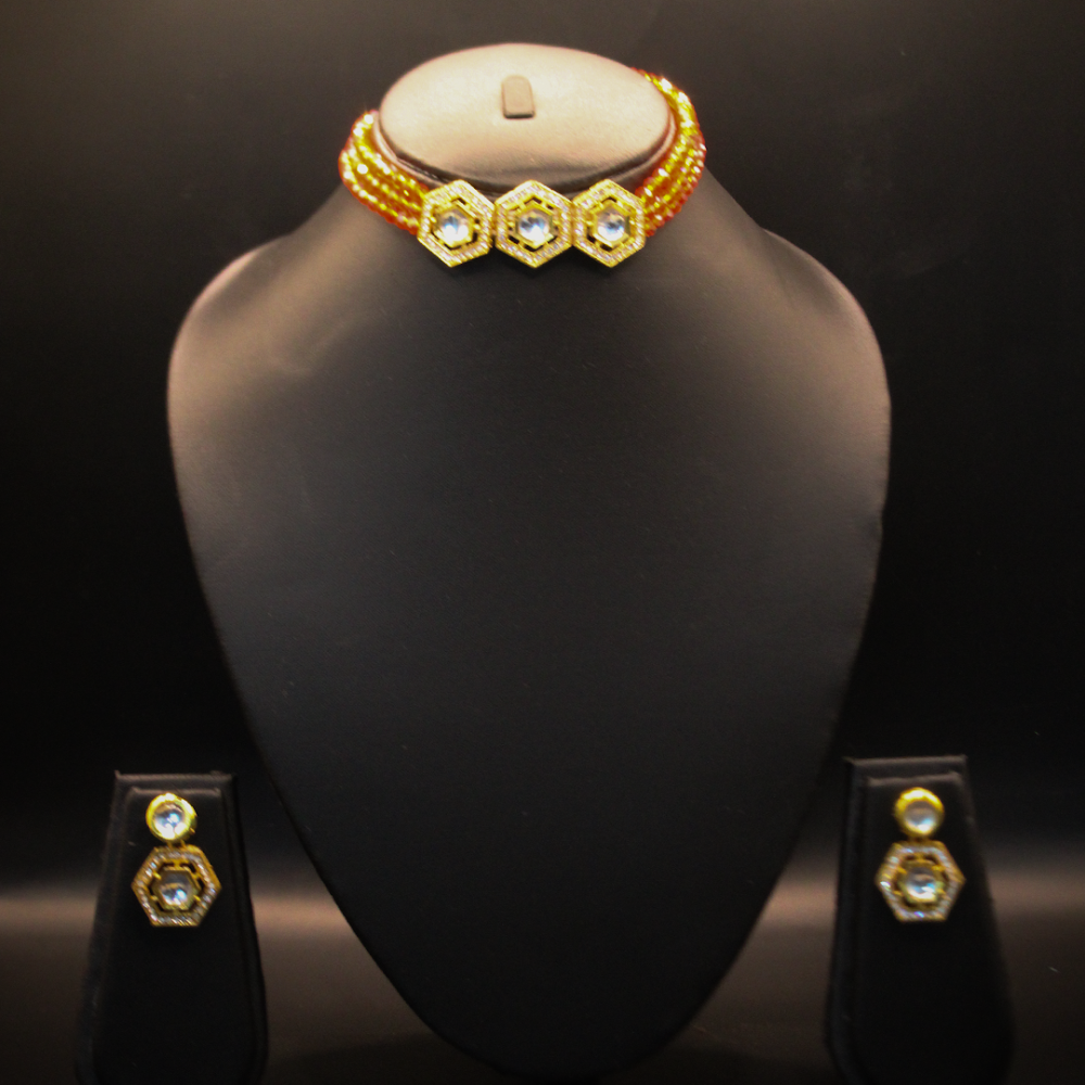 Royal Kundan Orange Hexagon Choker Set