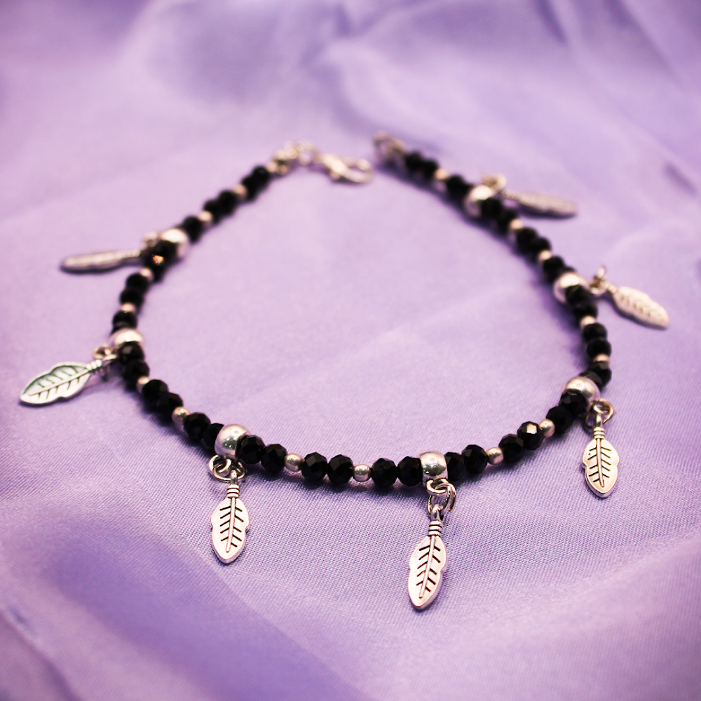 Leaf Charms Silver-Black Beaded Anklets