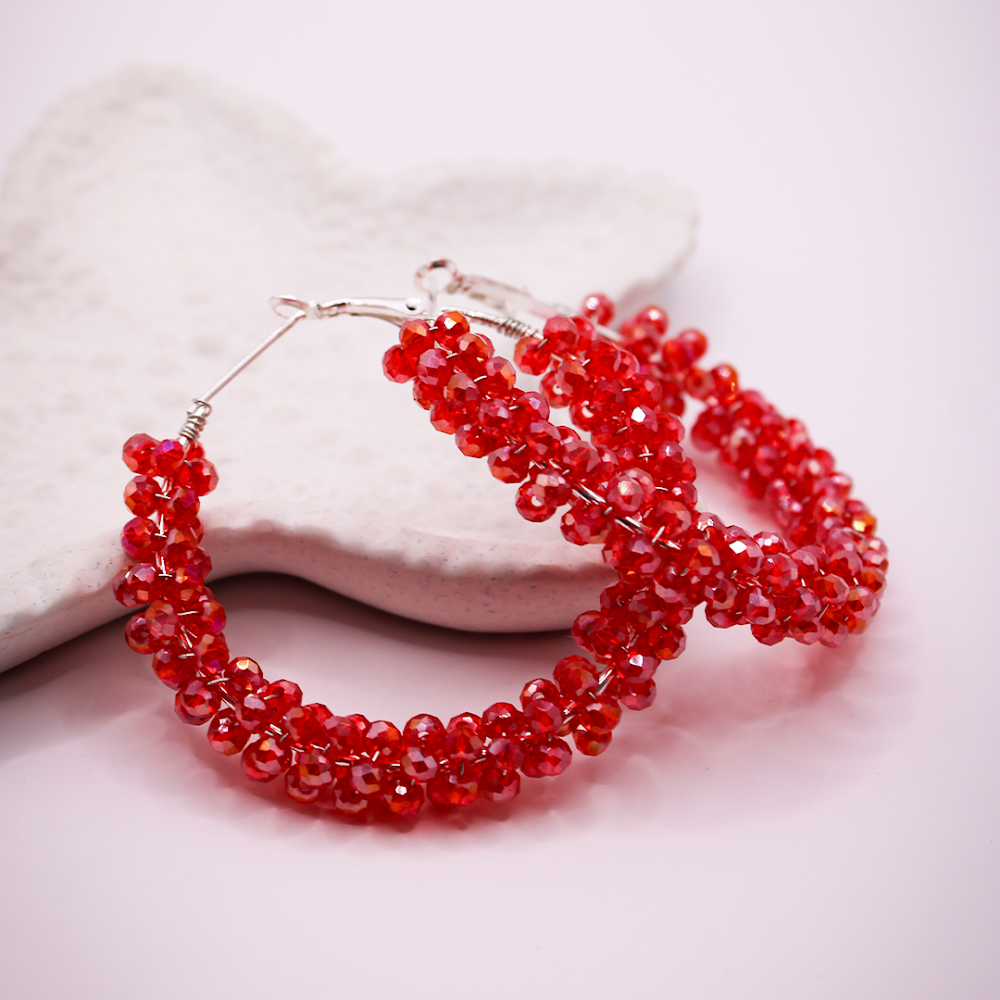 Red Beaded Hoop Earrings