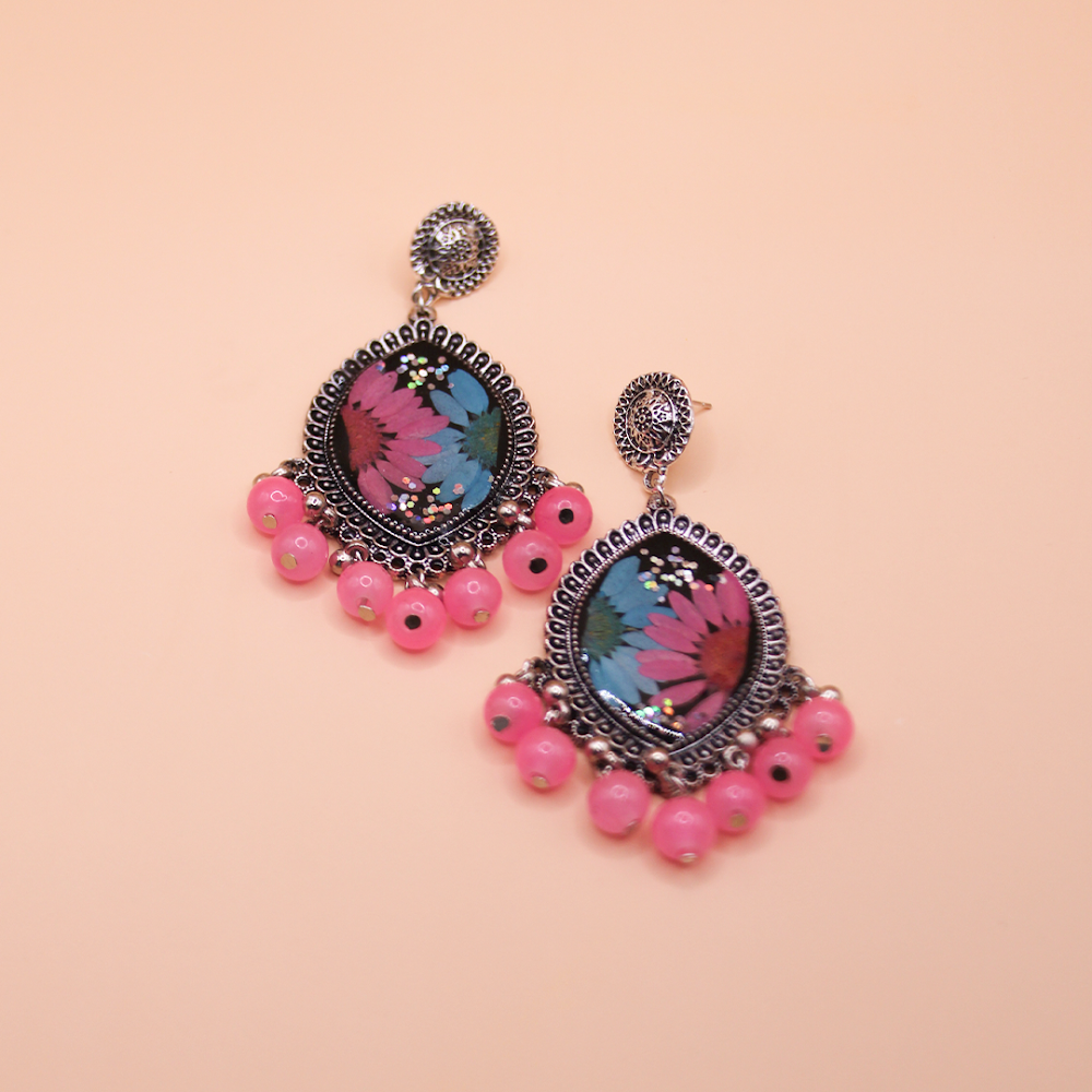 Pink & Blue Bloom Jhumka Earrings