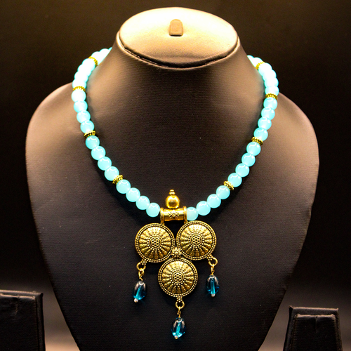 Aqua Beaded Golden Oxidized Temple Drop Long Necklace