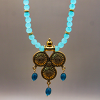 Aqua Beaded Golden Oxidized Temple Drop Long Necklace