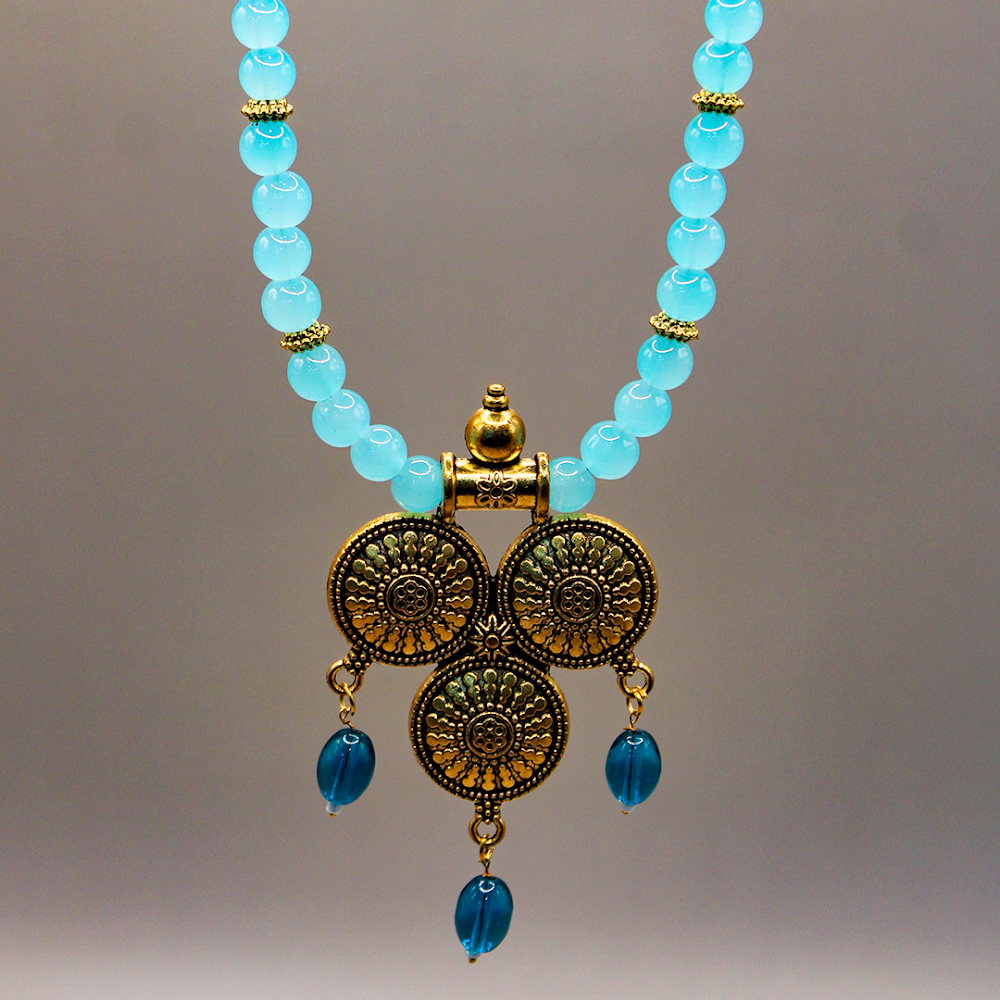 Aqua Beaded Golden Oxidized Temple Drop Long Necklace