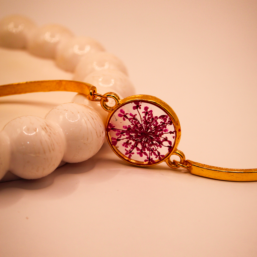 Gilded Round Pink Floral Resin Cuff Bracelet