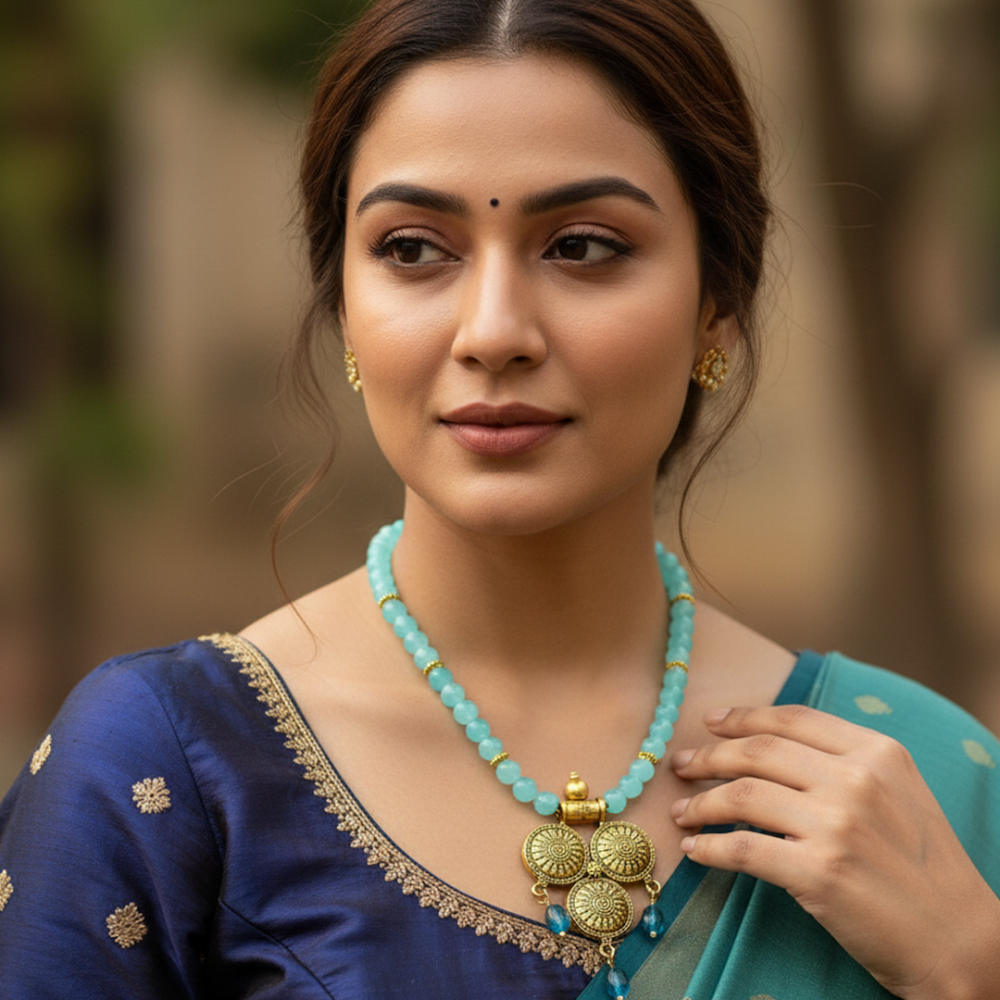 Aqua Beaded Golden Oxidized Temple Drop Long Necklace
