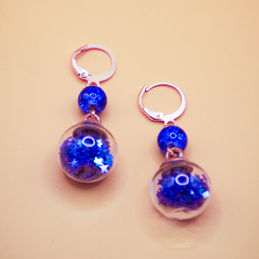 Crystal Ball With Blue Sparkle Dangle Earrings