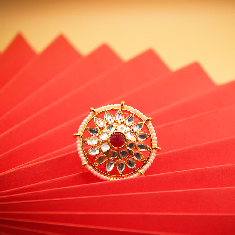 Kundan Sunburst Pearl Bordered Adjustable Cocktail Ring
