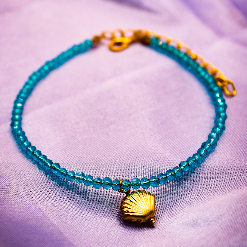 Shell Charm Blue-Gold Beaded Anklets