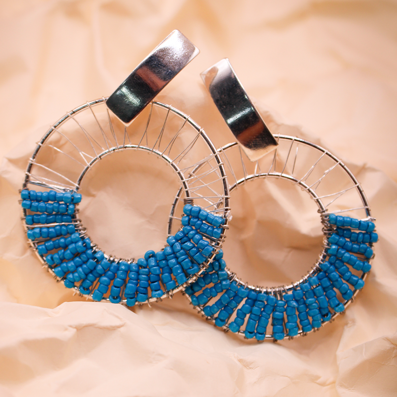 Blue-Silver Beaded Hoop Earrings