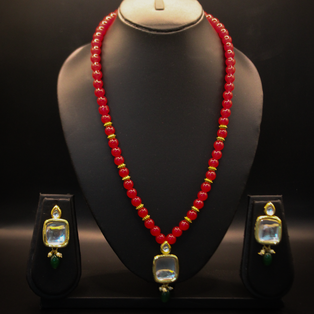 Kundan Red Beaded Long Necklace Set