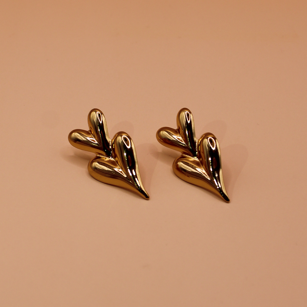 Golden Double Heart Stud Earrings