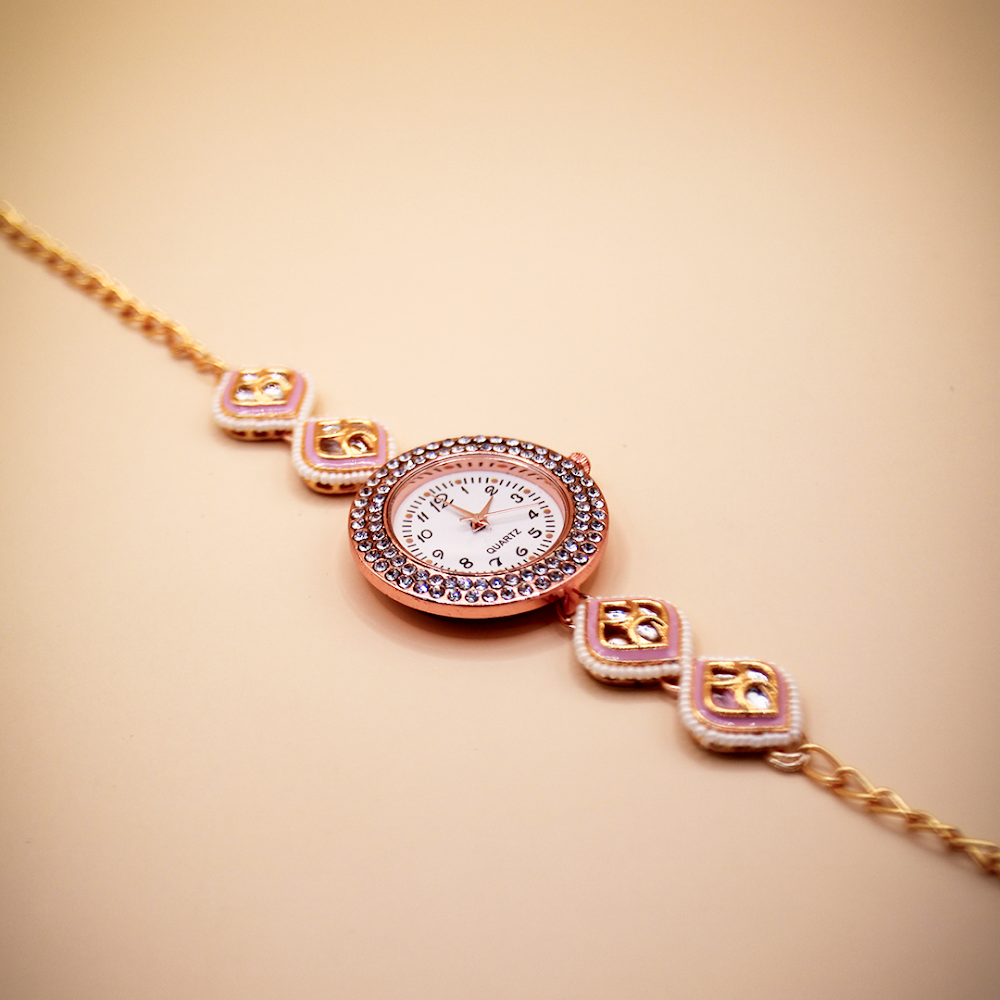 Blush Petal Golden Kundan Bracelet Watch