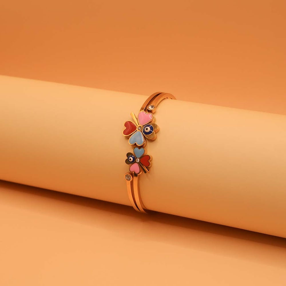Evil Eye Colored Flowers Golden Cuff Bracelet