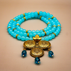 Aqua Beaded Golden Oxidized Temple Drop Long Necklace