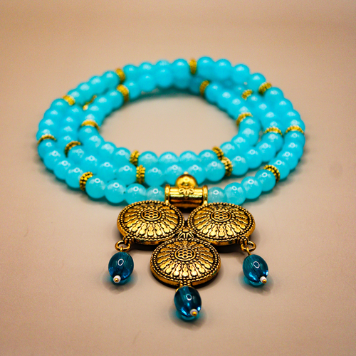 Aqua Beaded Golden Oxidized Temple Drop Long Necklace