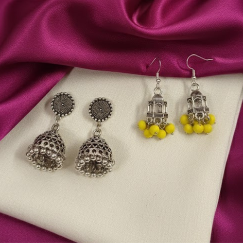 Ethnic Silver Jhumka Combo – Oxidised & Yellow Bead Earrings