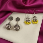 Ethnic Silver Jhumka Combo – Oxidised & Yellow Bead Earrings