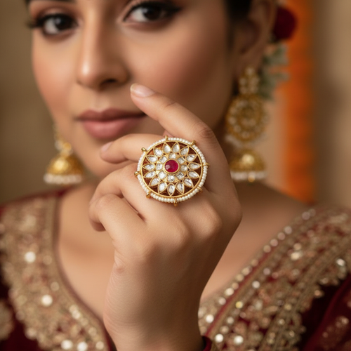 Kundan Sunburst Pearl Bordered Adjustable Cocktail Ring