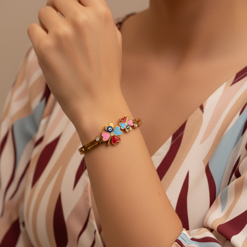 Evil Eye Colored Flowers Golden Cuff Bracelet