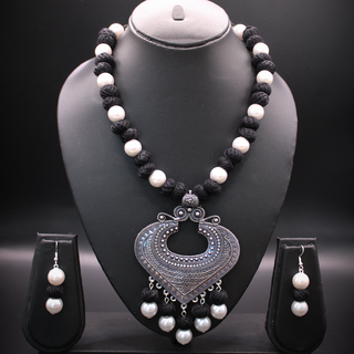 Chandra-Shab Silver-Oxidised Black Thread Jewellery Set