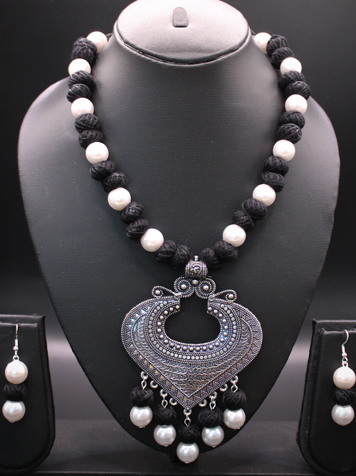 Chandra-Shab Silver-Oxidised Black Thread Jewellery Set