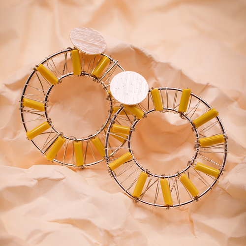 Yellow-Silver Beaded Hoop Earrings